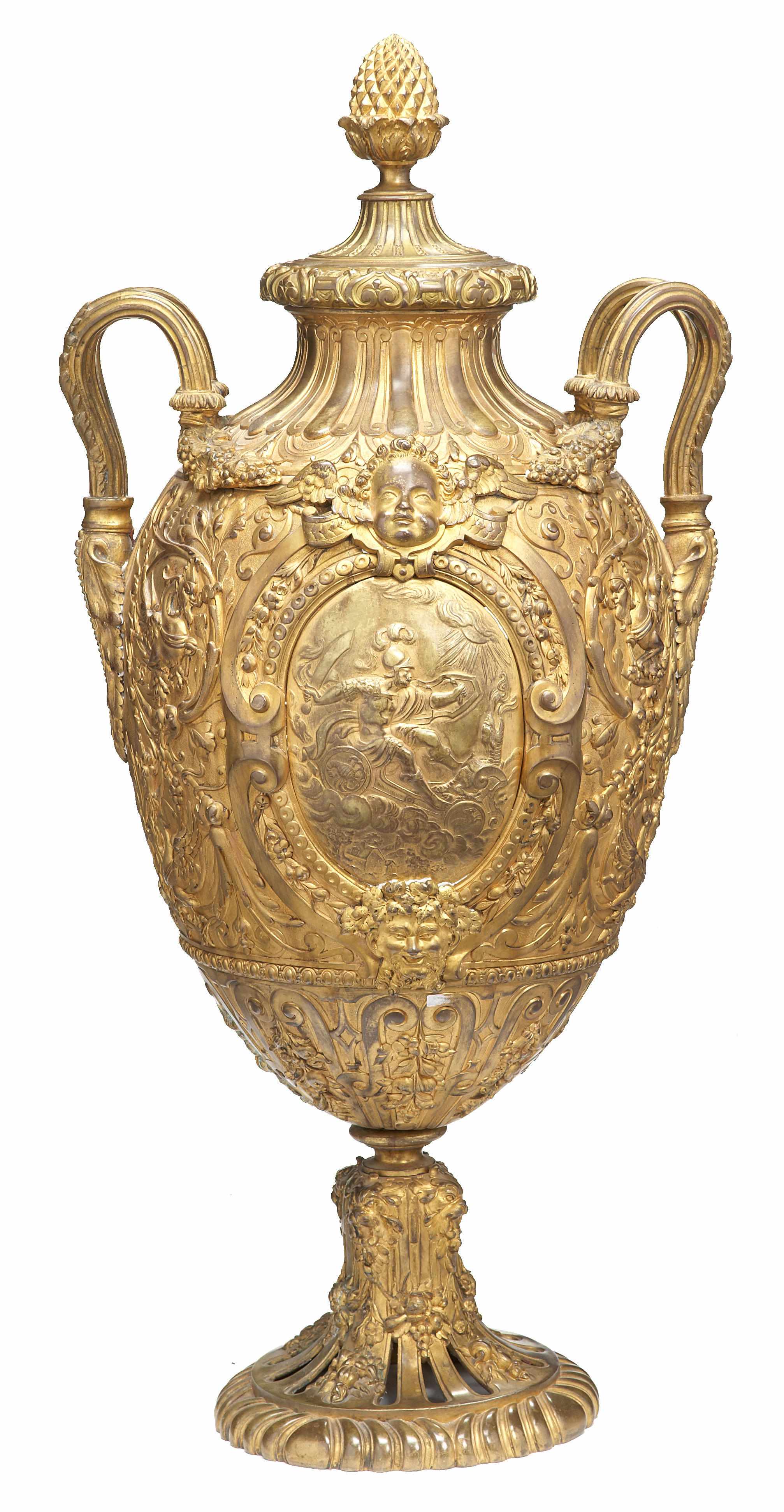 Appraisal: An imposing French gilt bronze covered urn late th century