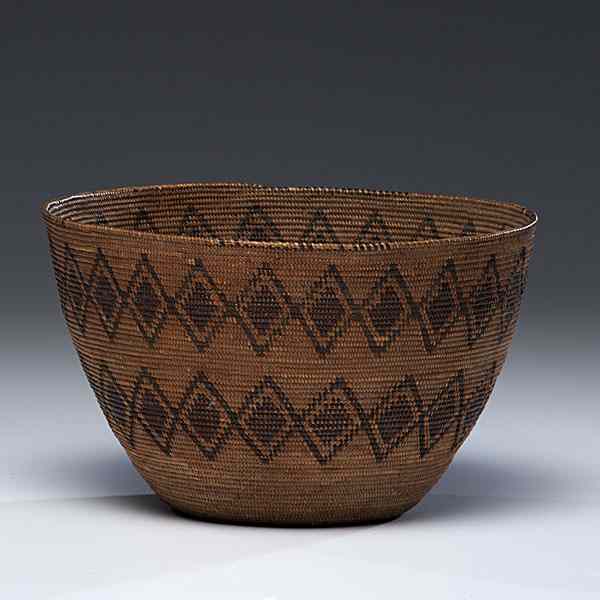 Appraisal: Yokuts Basket with coiled self-rim featuring dark red stitches alternating