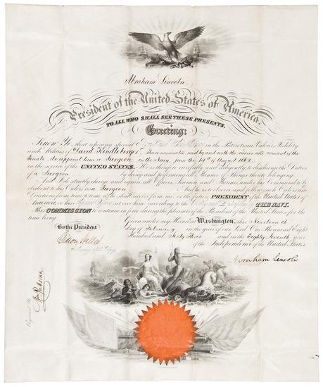 Appraisal: LINCOLN Abraham Partly-printed vellum document signed as President appointing David