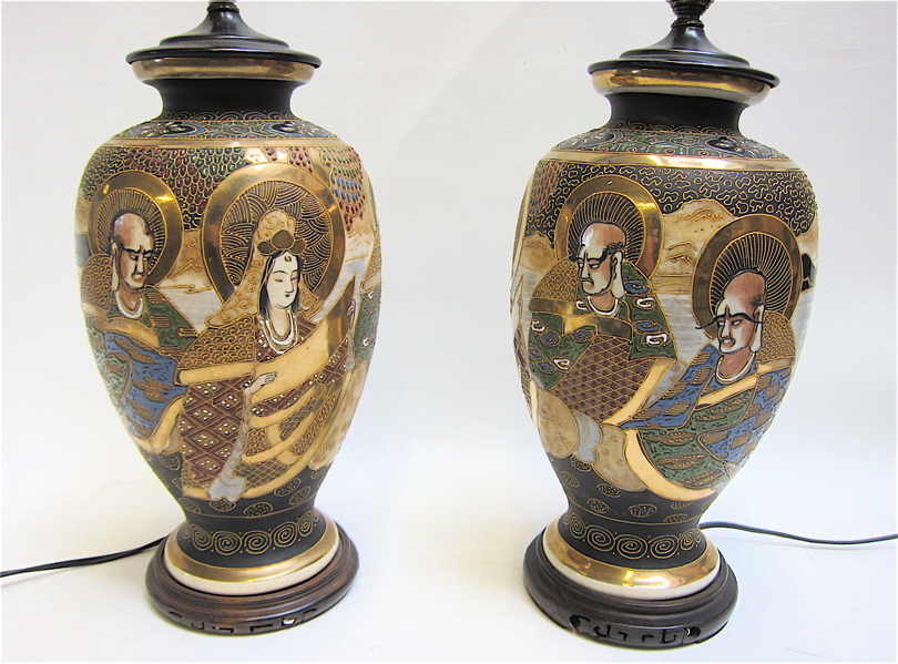 Appraisal: PAIR JAPANESE SATSUMA TABLE LAMPS figural scenes raised on attached