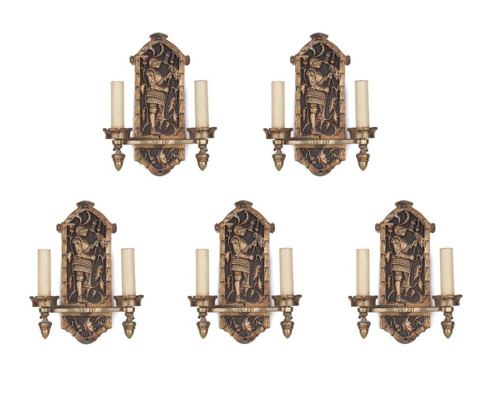 Appraisal: Five figural cast brass wall sconces First-quarter th Century Each