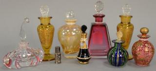 Appraisal: Tray lot with nine art glass perfume bottles to include