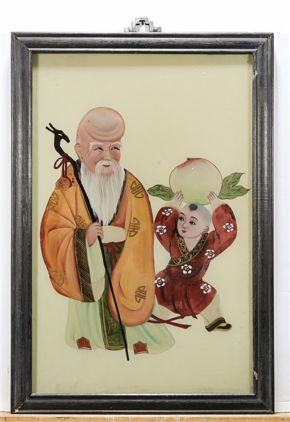 Appraisal: Chinese reverse glass painting of a Shoulou with child holding