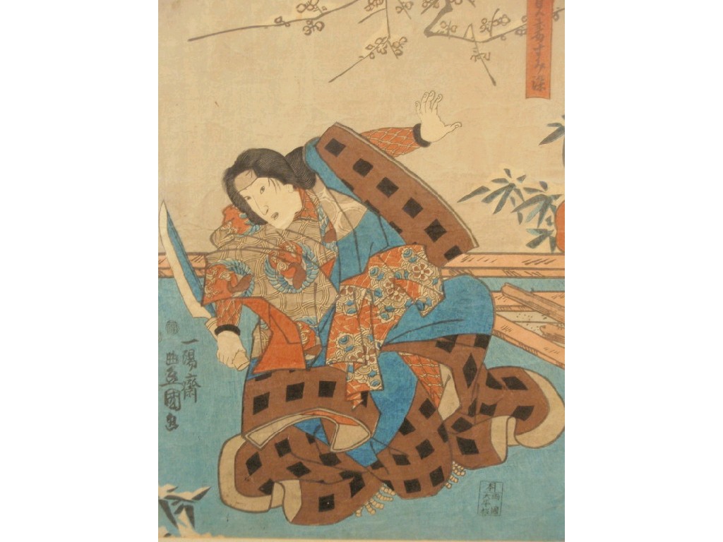 Appraisal: A pair of thC Japanese coloured wood cuts of Warriors