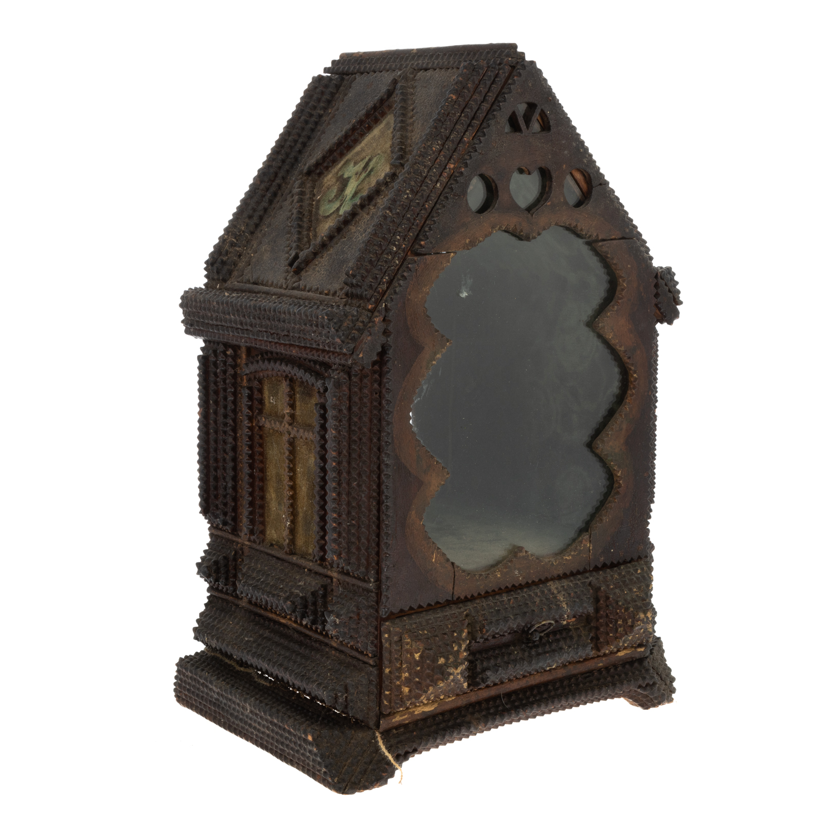 Appraisal: TRAMP ART NOTCH CARVED TABLETOP DISPLAY CABINET in H x