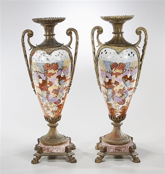 Appraisal: Pair of Japanese Satsuma urns with bronze and marble base