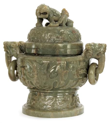 Appraisal: Chinese Celadon Jade Censer Carved in High Relief with Foo