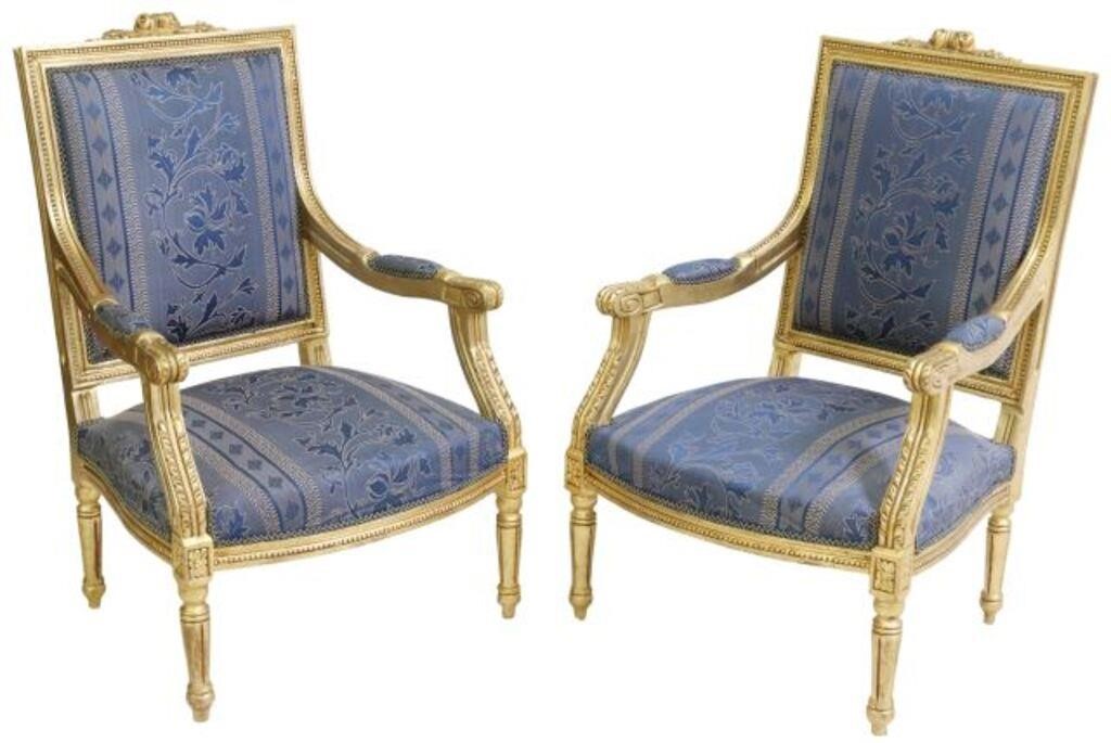 Appraisal: pair Louis XVI style salon armchairs th c gilt painted