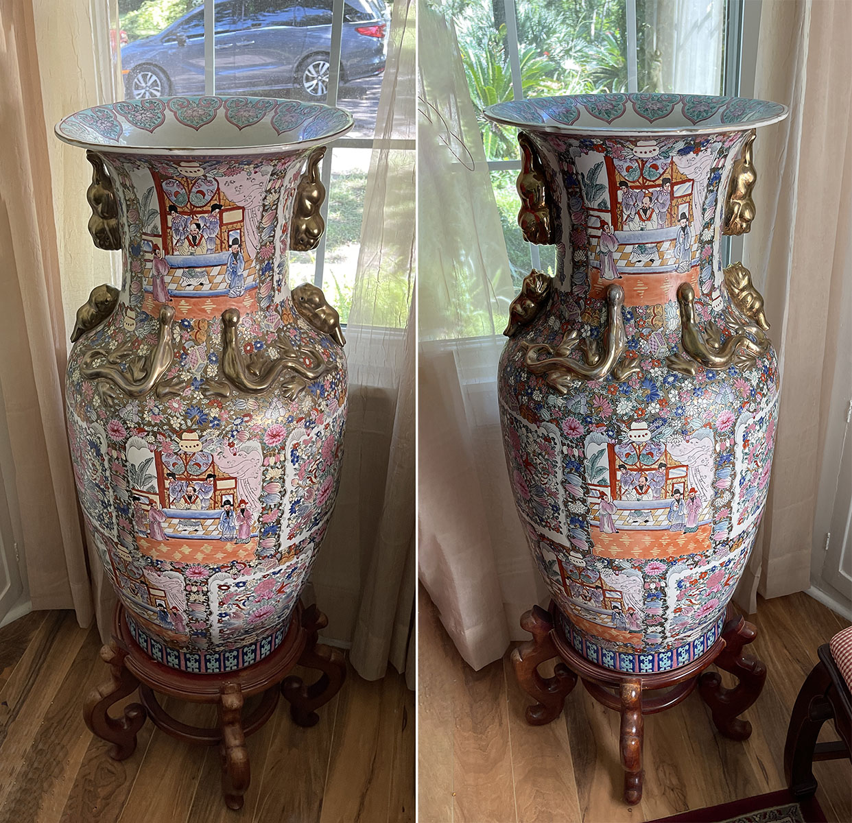 Appraisal: PAIR CHINESE FAMILE ROSE PORCELAIN PALACE VASES Pair of enameled