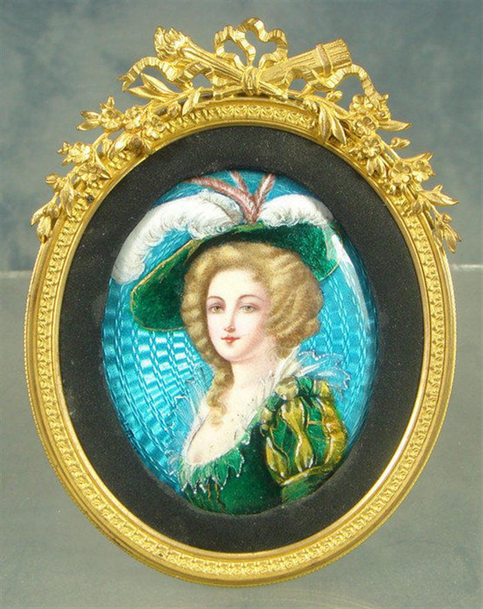 Appraisal: Unsigned French enameled portrait lady in feathered green hat in