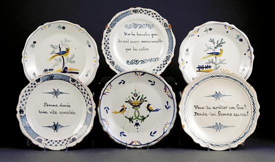 Appraisal: French faience plates th centurytwo pairs with vibrant decoration Dia