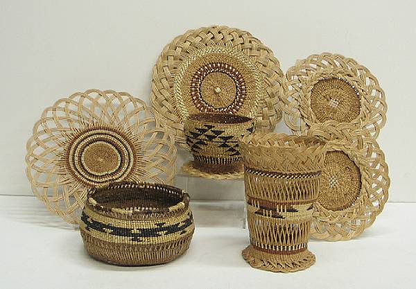 Appraisal: Seven Northwest California basketry items Including a bowl vases and