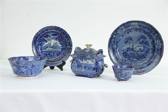 Appraisal: FIVE PIECES OF BLUE STAFFORDSHIRE Wastebowl with fruit h two