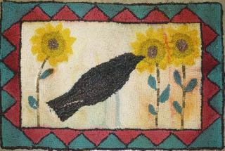 Appraisal: th c hooked rug with crow sunflowers x th c