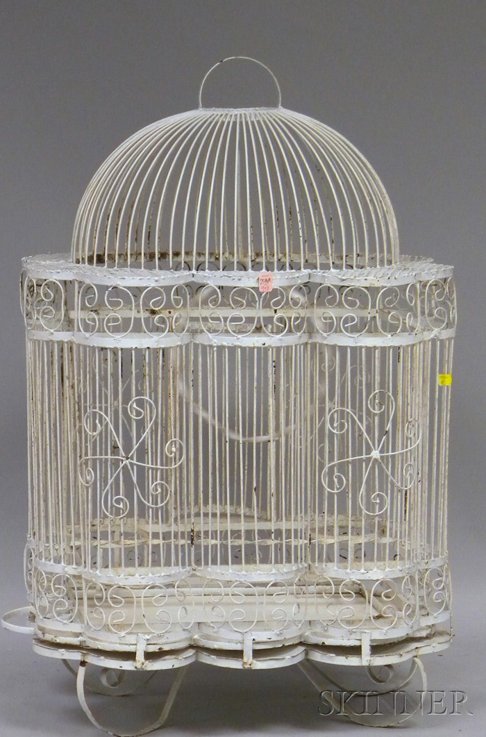 Appraisal: White-painted Wrought Iron and Wire Birdcage mid- th century approx