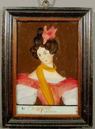 Appraisal: Continental reverse painted on glass portrait of a young woman