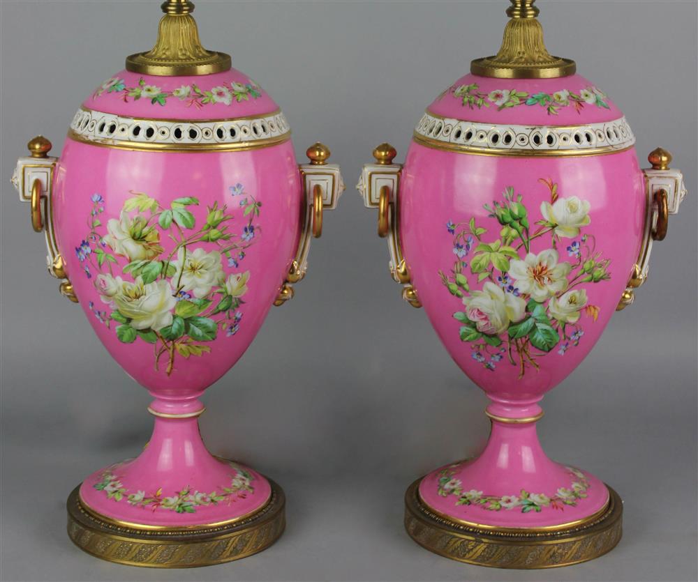 Appraisal: PAIR OF PARIS PORCELAIN POTPOURRI VASES LATER FITTED AS TABLE