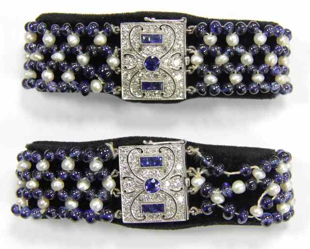 Appraisal: A pair of sapphire and pearl bracelets the four rows