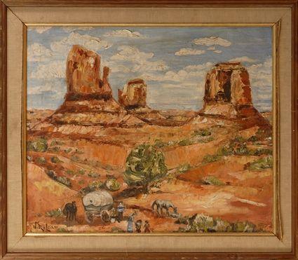 Appraisal: AMERICAN SCHOOL CANYON VIEW WITH SETTLERS Oil on canvas x