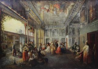 Appraisal: th C Orientalist Oil on Canvas Harem Dancers Indistinct signature