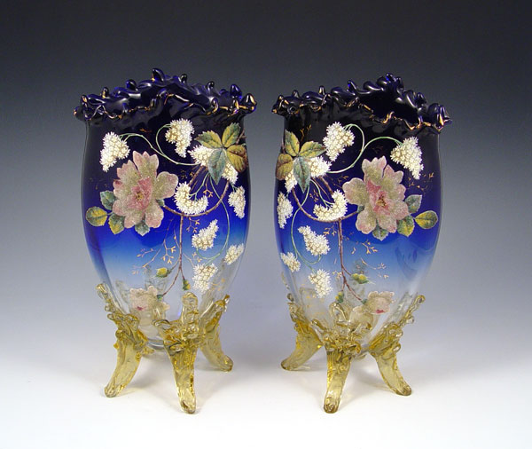 Appraisal: PAIR CORALENE DECORATED VICTORIAN ART GLASS VASES A fabulous pair