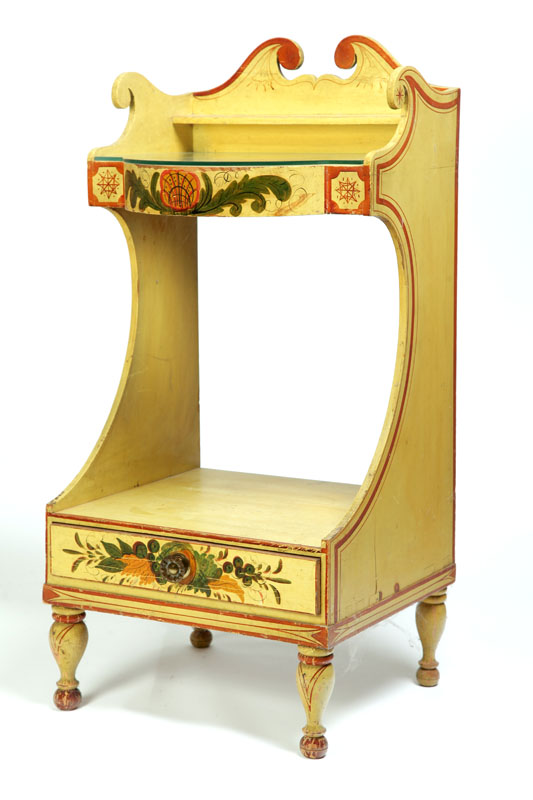 Appraisal: DECORATED WASHSTAND New England - pine Scrolled gallery over a