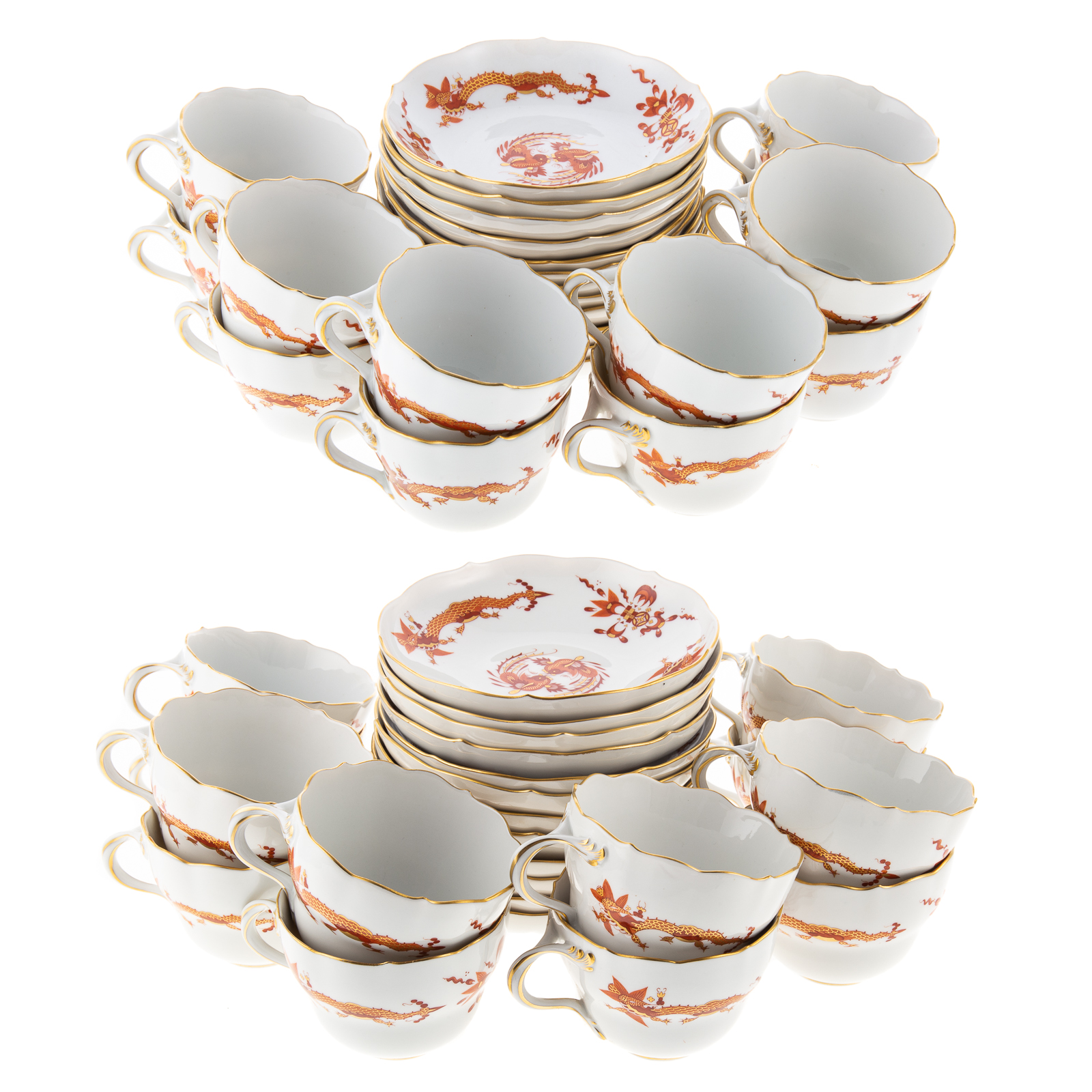 Appraisal: MEISSEN PORCELAIN CUPS SAUCERS In the Ming Orange Dragon pattern