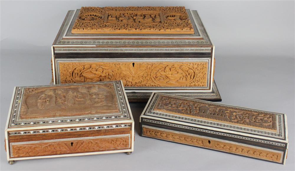 Appraisal: THREE INDIAN CARVED AND INLAID WOOD BOXES including a rectangular