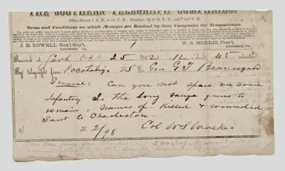 Appraisal: Confederate telegram partially printed The Southern Telegraph Company to General