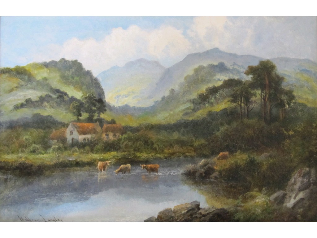 Appraisal: WILLIAM LANGLEY - Oil on canvas Highland landscape with cattle