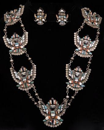 Appraisal: ZUNI SILVER SQUASH BLOSSOM NECKLACE WITH MATCHING EARRINGS AND A