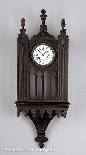 Appraisal: A Very Rare American Gothic Revival Carved Walnut Bracket Clock