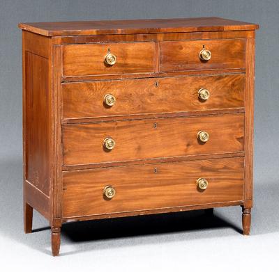 Appraisal: Federal mahogany five-drawer chest figured mahogany veneers poplar and yellow