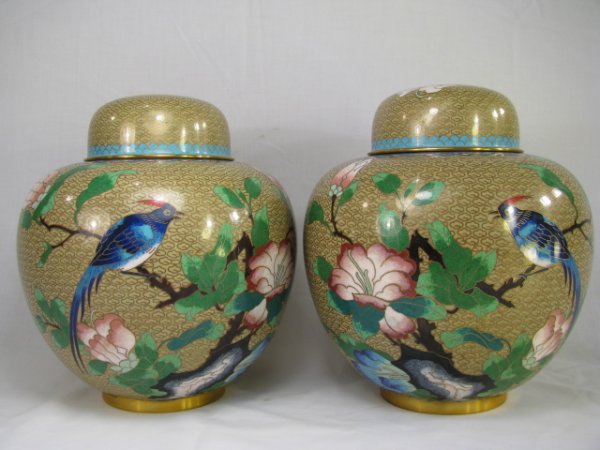 Appraisal: Pair of mid th century Chinese cloisonne green ginger jars