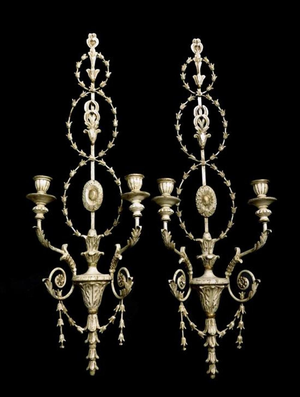 Appraisal: Pair of large wood and metal sconces with antiqued white