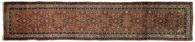 Appraisal: Persian runner repeating blue designs on amber ground stepped corner