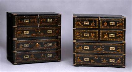 Appraisal: ASSEMBLED PAIR OF VICTORIAN TWO-PART CAMPAIGN CHESTS WITH CHINOISERIE LACQUER