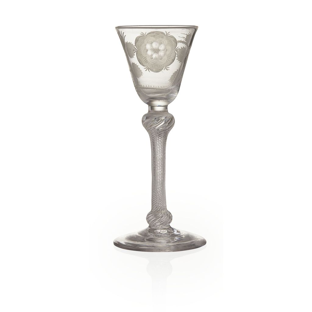 Appraisal: JACOBITE ENGRAVED AIRTWIST STEM WINE GLASS MID LATE TH CENTURY