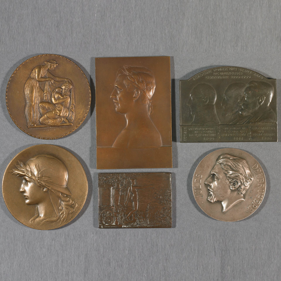 Appraisal: Group of Seven Belgian Bronze Miniature Plaques and Medals University