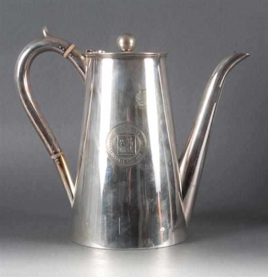 Appraisal: English Sheffield coffeepot with insignia of the cruiser Ching Yuan