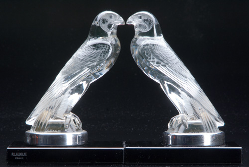 Appraisal: R LALIQUE Pair of mascot hood ornaments Faucon clear and