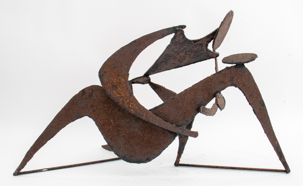 Appraisal: ABSTRACTED FIGURAL FORGED IRON SCULPTURE S Modern abstracted figural forged