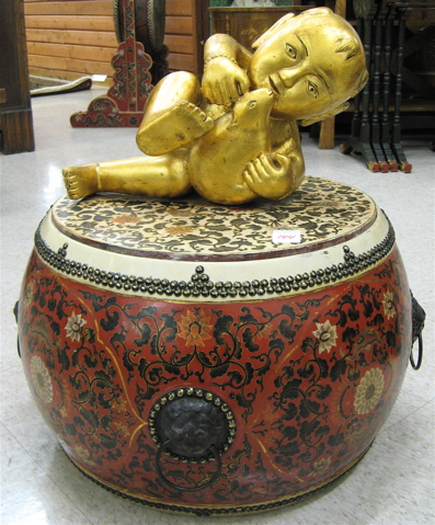 Appraisal: CARVED GILTWOOD FIGURE ON DRUM TABLE Chinese th century The