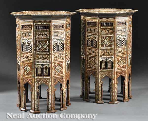 Appraisal: A Pair of Moorish Shell and Exotic Woods Inlaid Tabourets