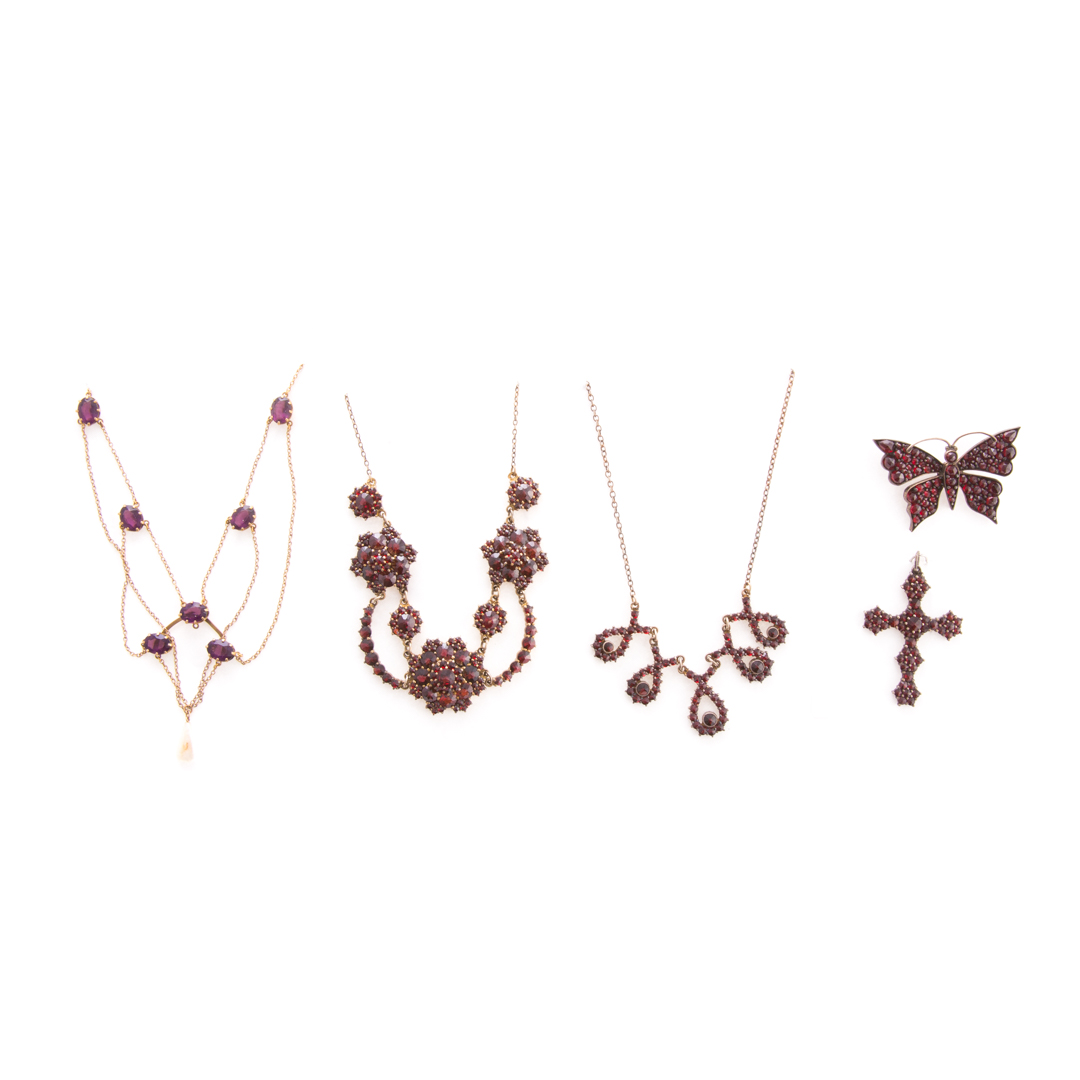 Appraisal: A Collection of Garnet Amethyst Pins Necklaces Silver garnet butterfly