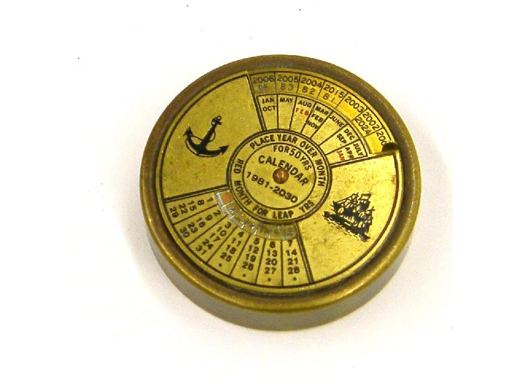 Appraisal: Brass universal pocket calendar from to inscribed with an anchor