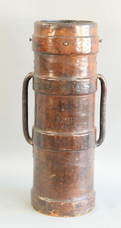 Appraisal: Leather artillery shell canister case cylindrical with hand grips with