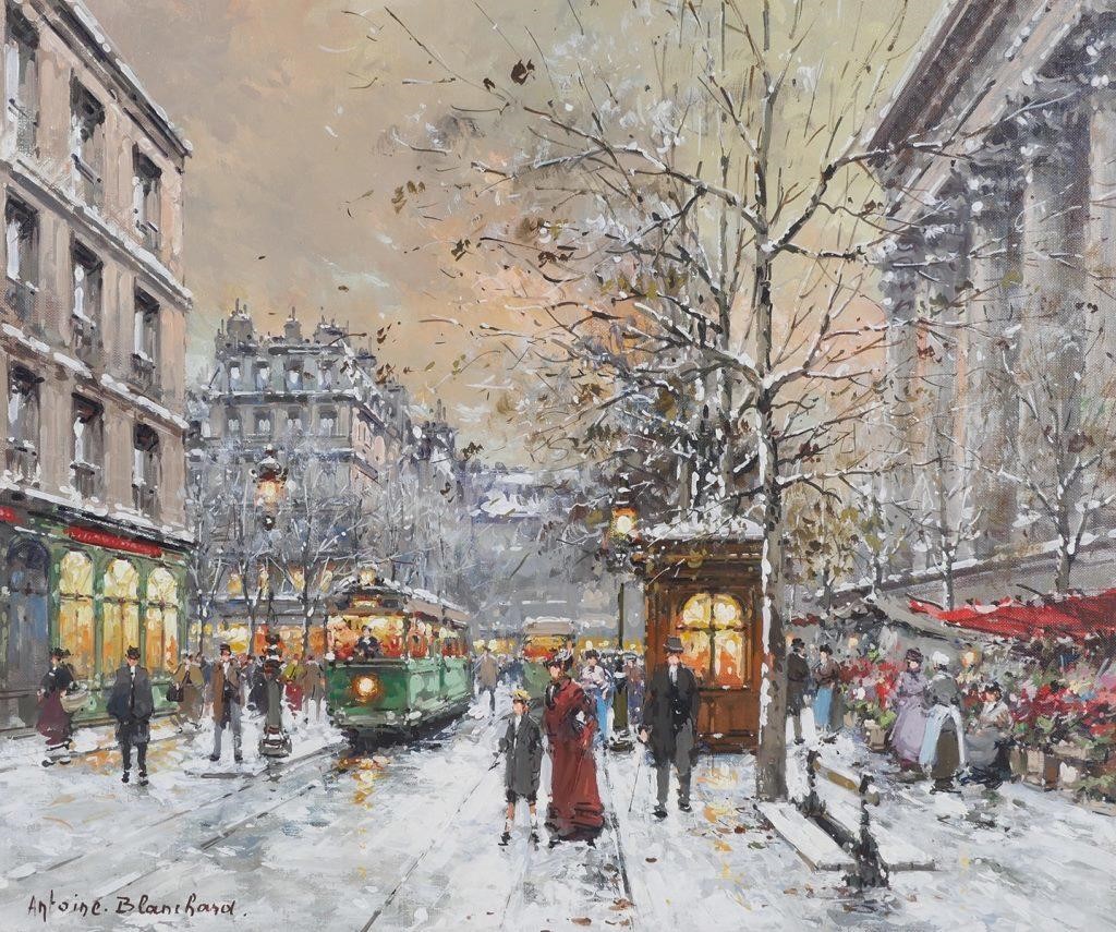 Appraisal: Antoine Blanchard French - Oil on Canvas Paris Winter Street