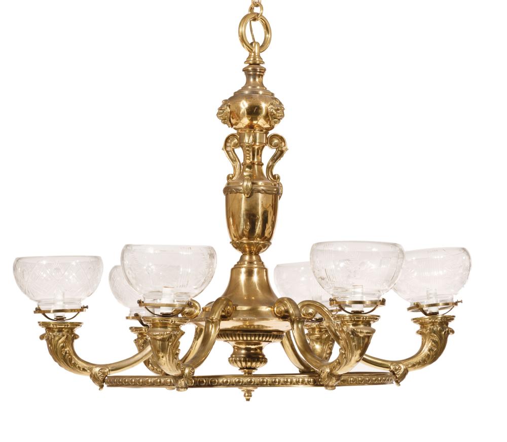 Appraisal: Antique English Brass Six-Light Chandelier th c vasiform standard mounted