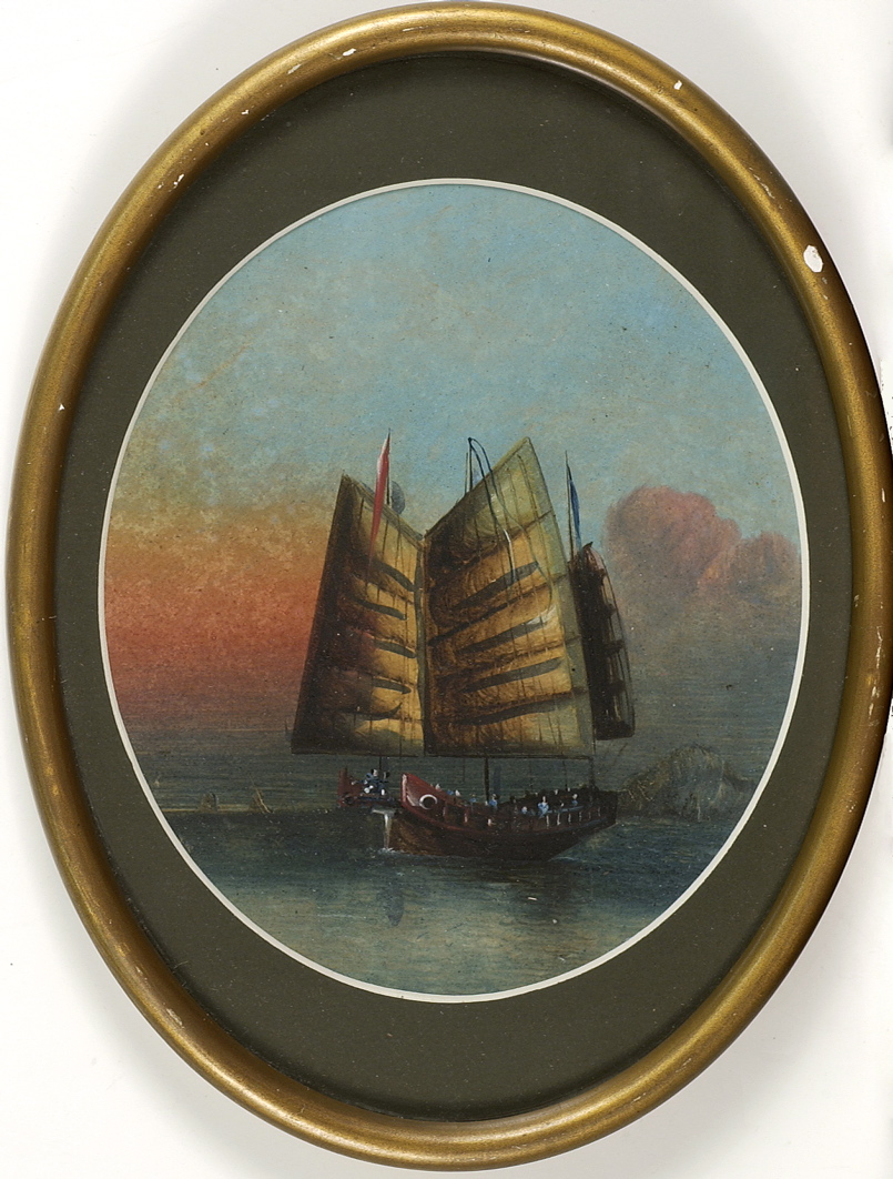 Appraisal: FRAMED WATERCOLOR Chinese th CenturyA Chinese junk Oval x